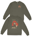 two dark green sweatshirts with a graphic design and text printed on the back.