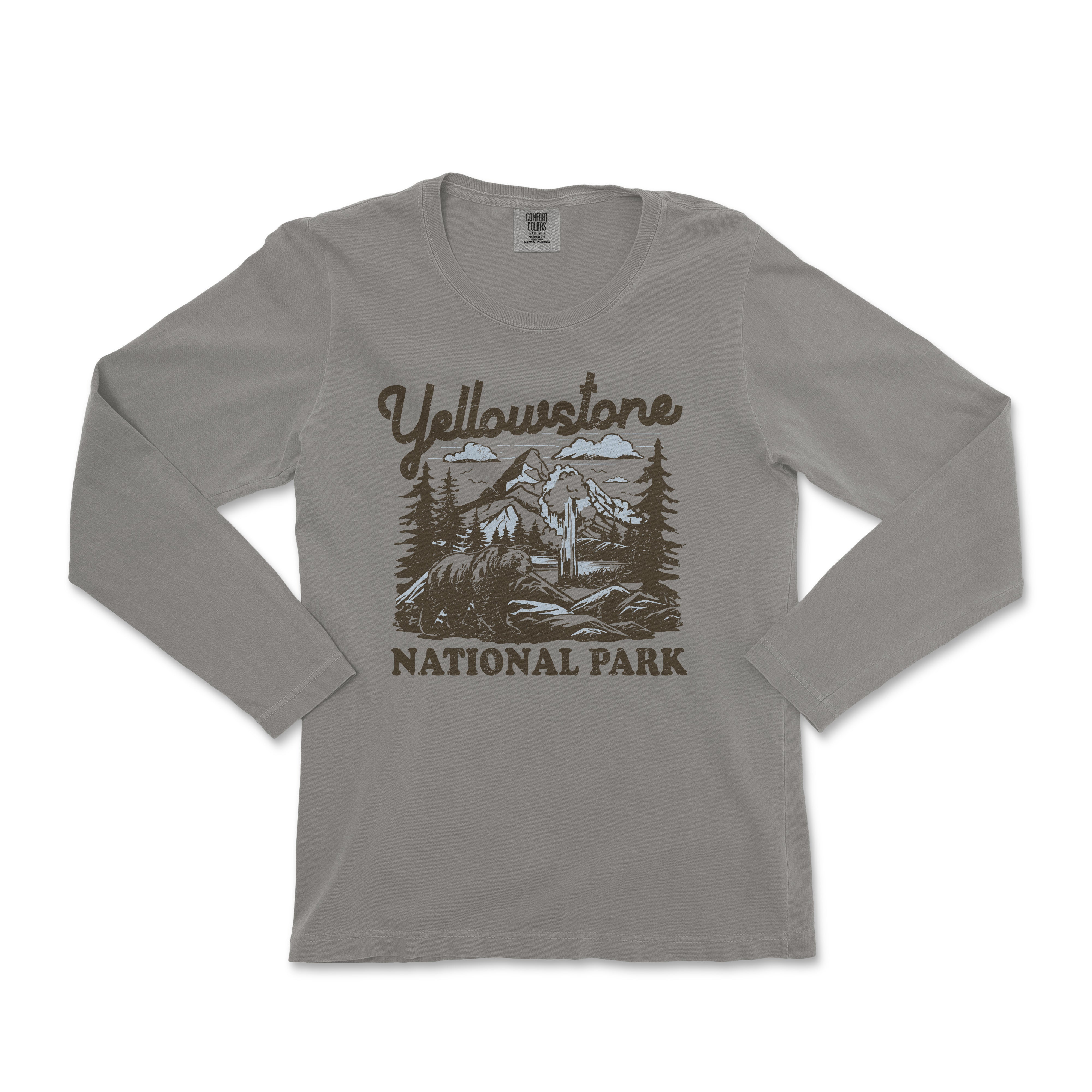 a gray long sleeve shirt with the yellowstone national park on it