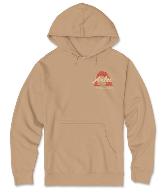 A beige hooded sweatshirt with a graphic design on the front.