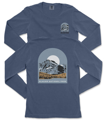 A long-sleeved blue t-shirt with a graphic design depicting a mountain landscape and the text "Glacier National Park" printed on it.
