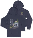 A navy blue hooded sweatshirt with a graphic design depicting a scenic landscape, including a mountain, river, and bird.