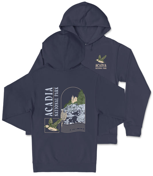 A navy blue hooded sweatshirt with a graphic design depicting a scenic landscape, including a mountain, river, and bird.