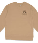 A tan long-sleeved shirt with a logo on the front.