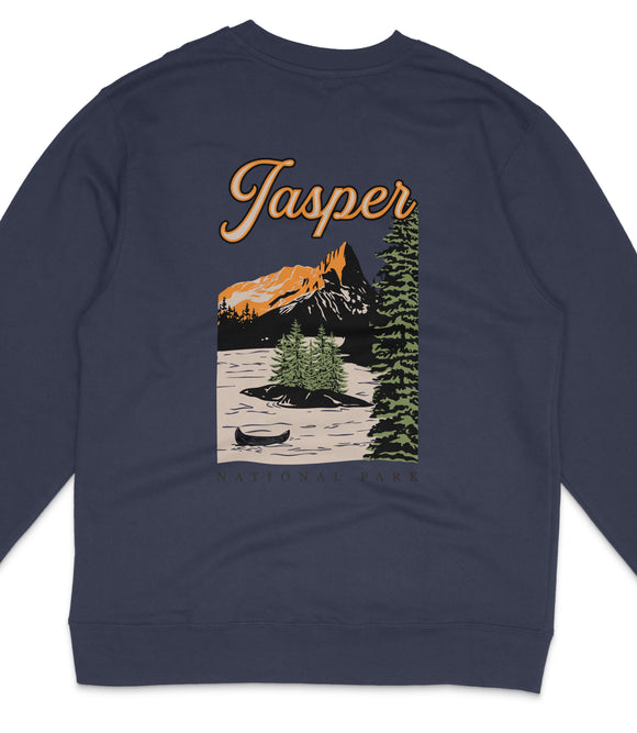 A navy blue sweatshirt with a graphic design depicting a mountain landscape with a lake, canoe, and pine trees.