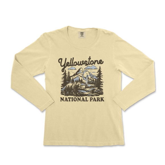 a women's long sleeve shirt with the words yellowstone national park printed on it