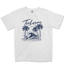 a white t - shirt with a picture of a wave and palm trees