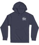 A navy blue hooded sweatshirt with a white logo on the left side.