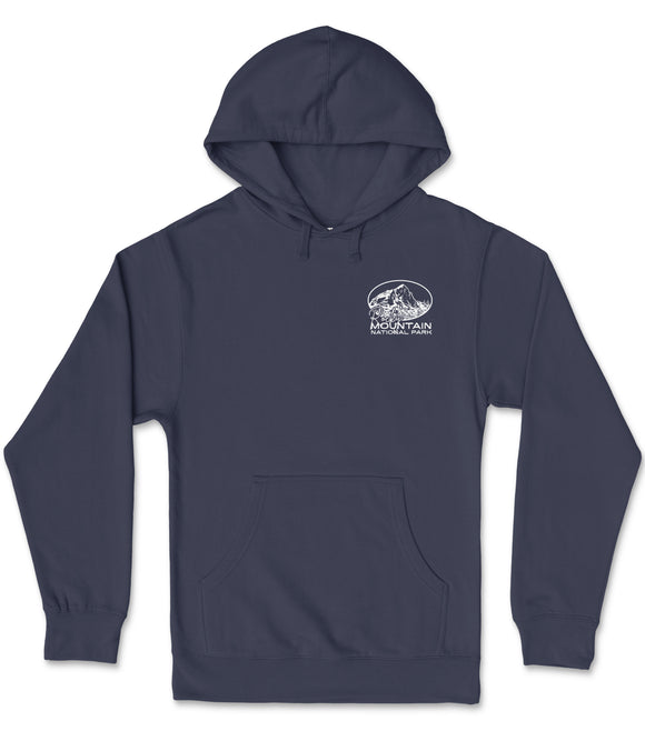 A navy blue hooded sweatshirt with a white logo on the left side.