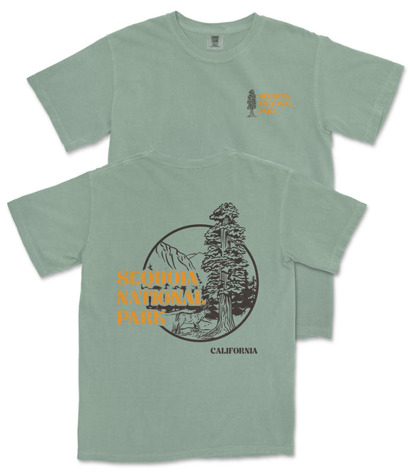 A green t-shirt with a graphic design featuring a tree and text that says "SOUTH OF CALIFORNIA PARK".