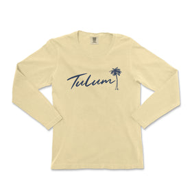 a women's long sleeve shirt with a palm tree in blue ink