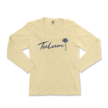 a women's long sleeve shirt with a palm tree in blue ink