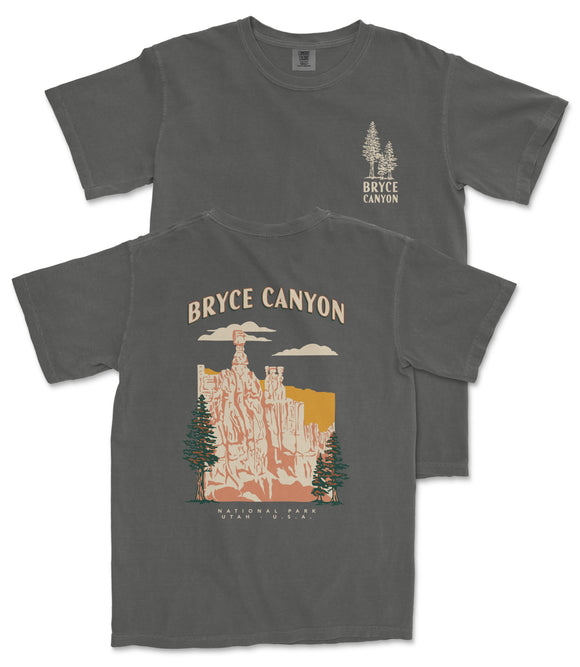 a gray t-shirt with a graphic design depicting Bryce Canyon National Park.
