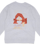 A gray sweatshirt with a graphic design depicting a natural landscape, including a large arch formation and a sunset.