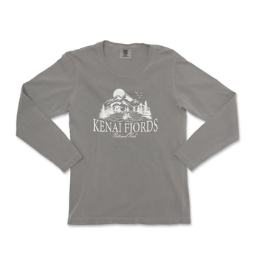 a gray long sleeve shirt with a picture of a castle on it