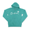 a turquoise hoodie with the word elathern written in white