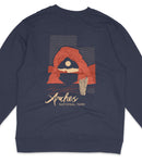 A navy blue sweatshirt with a graphic design depicting a desert landscape with a large rock formation and a cactus. The text "Arches National Park" is printed below the design.