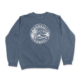 a blue sweatshirt with a white logo on it