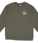 A dark green long-sleeved shirt with a round logo on the left side.