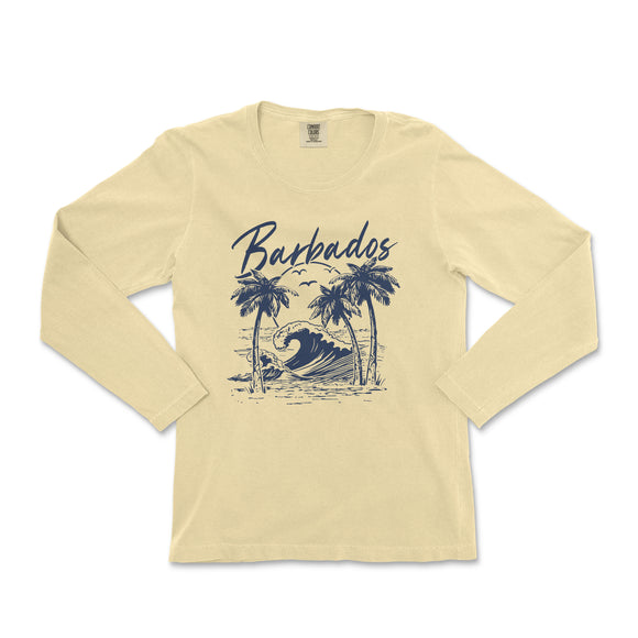 a women's long sleeve shirt with a picture of a surfer on the beach