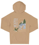 A beige hooded sweatshirt with a graphic design depicting a scenic landscape, including a mountain, trees, and a bird.