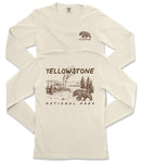 A cream-colored long-sleeved t-shirt with a graphic design depicting a bear and a landscape, along with the text "Yellowstone National Park" printed on the back.
