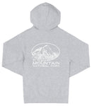 A gray hooded sweatshirt with a graphic design on the front, depicting a mountain range.