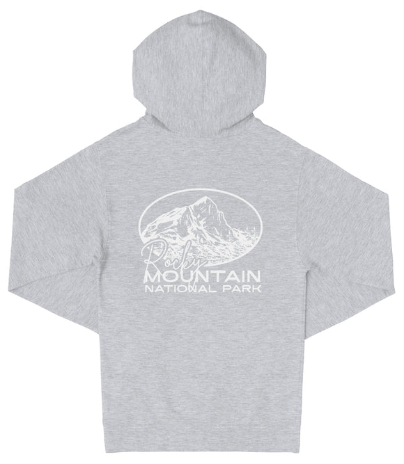 A gray hooded sweatshirt with a graphic design on the front, depicting a mountain range.