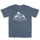 a blue t - shirt with the words waterfront lakes printed on it