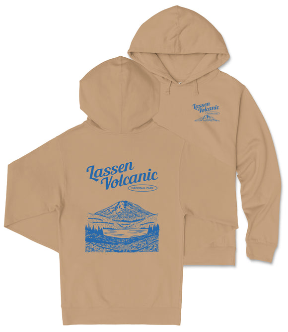 A beige hoodie with a graphic design depicting a mountain landscape and the text "Lassen Volcanic National Park" printed on it.