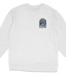 A white long-sleeved shirt with a graphic design on the front, depicting a mountain or landscape.