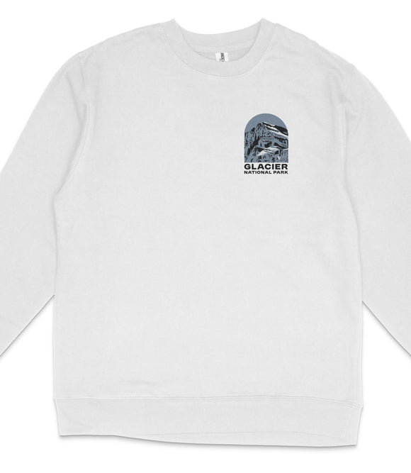 A white long-sleeved shirt with a graphic design on the front, depicting a mountain or landscape.