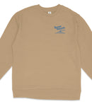 A tan long-sleeved shirt with a blue logo on the left side.