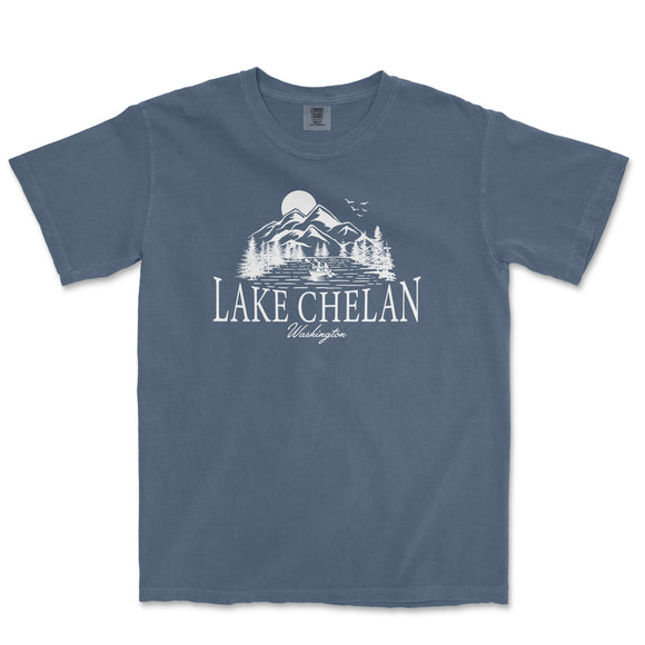 a blue lake chelan t - shirt on a white background