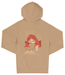 A beige hooded sweatshirt with a graphic design depicting a desert landscape, including a red arch and a cactus. The text "Arches National Park" is printed on the back of the sweatshirt.