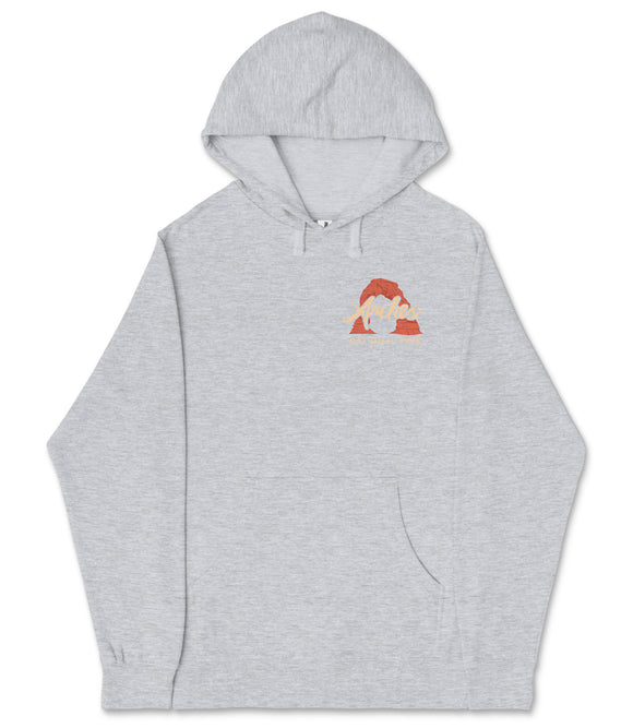 A gray hooded sweatshirt with a small graphic design on the front.