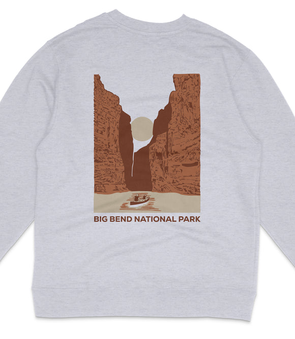 A gray sweatshirt with a graphic design depicting a canyon with a boat in the water, along with the text "BIG BEND NATIONAL PARK".