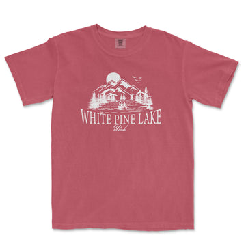 a red shirt with white pine lake on it