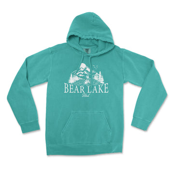 a teal sweatshirt with a bear lake graphic on it