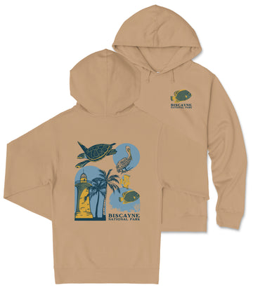 A beige hoodie with a graphic design featuring a turtle, palm tree, and bird, along with the text "BISCAYNE NATIONAL PARK".