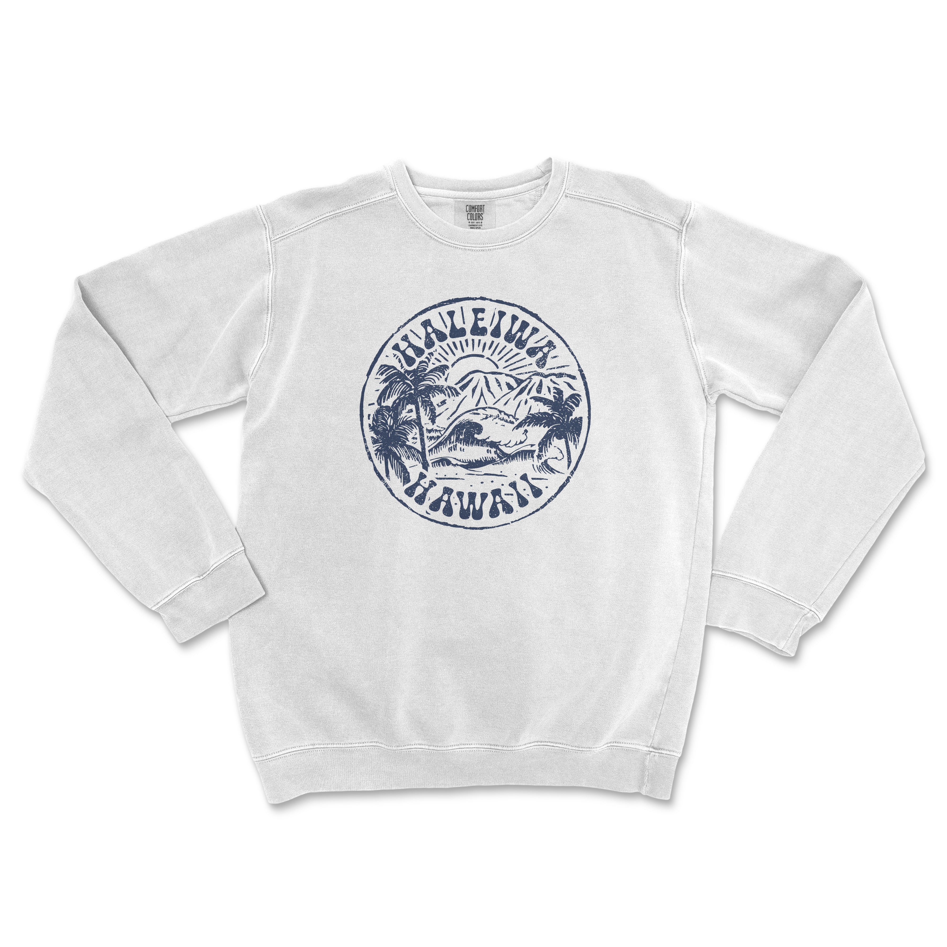 a white sweatshirt with a blue logo on it