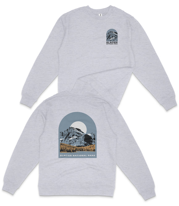 A gray sweatshirt with a graphic design depicting a mountain landscape and the text "Glacier National Park" printed on the back.