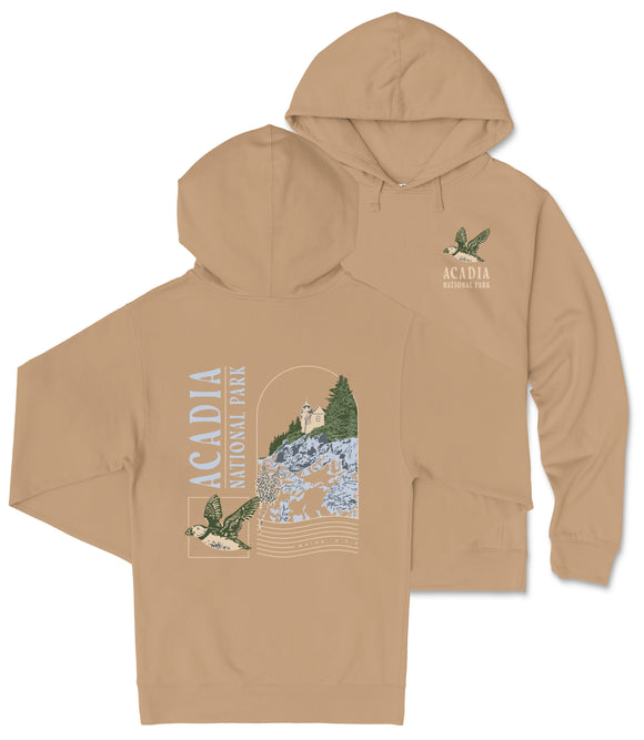A beige hoodie with a graphic design depicting a bird and a landscape, along with the text "ACADIA NATIONAL PARK" printed on it.