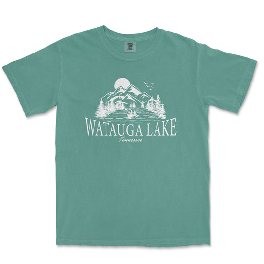 a green t - shirt with the words watauga lake on it