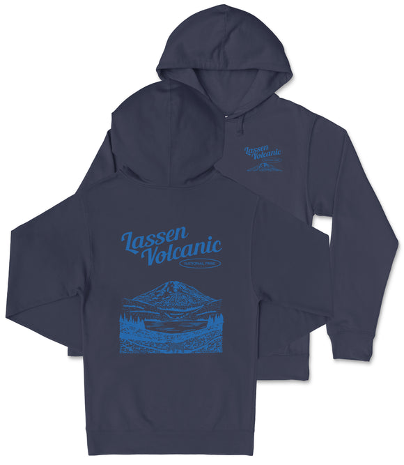 A navy blue hooded sweatshirt with a graphic design depicting a mountain and a lake, along with the text "Lassen Volcanic National Park".