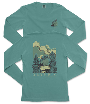 A teal long-sleeve t-shirt with a graphic design depicting a mountain landscape with pine trees and clouds.