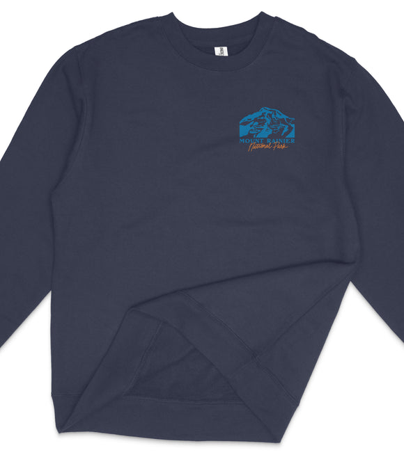 A navy blue long-sleeved shirt with a blue mountain logo on the left side.