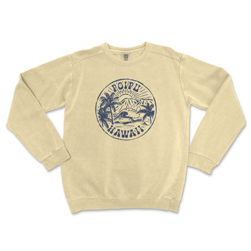 a cream sweatshirt with a blue and white logo