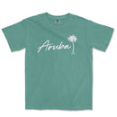 a green t - shirt with the word aruba written in white