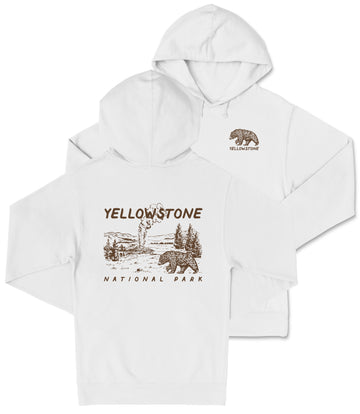 A white hooded sweatshirt with a graphic design depicting a bear and a scenic landscape, along with the text "Yellowstone National Park".