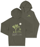 a dark green hoodie with a graphic design depicting a desert scene, including a tree and a moon. The hoodie has text on the back that reads "JOSUA TREE" and "3437 W. N. CALIFORNIA".